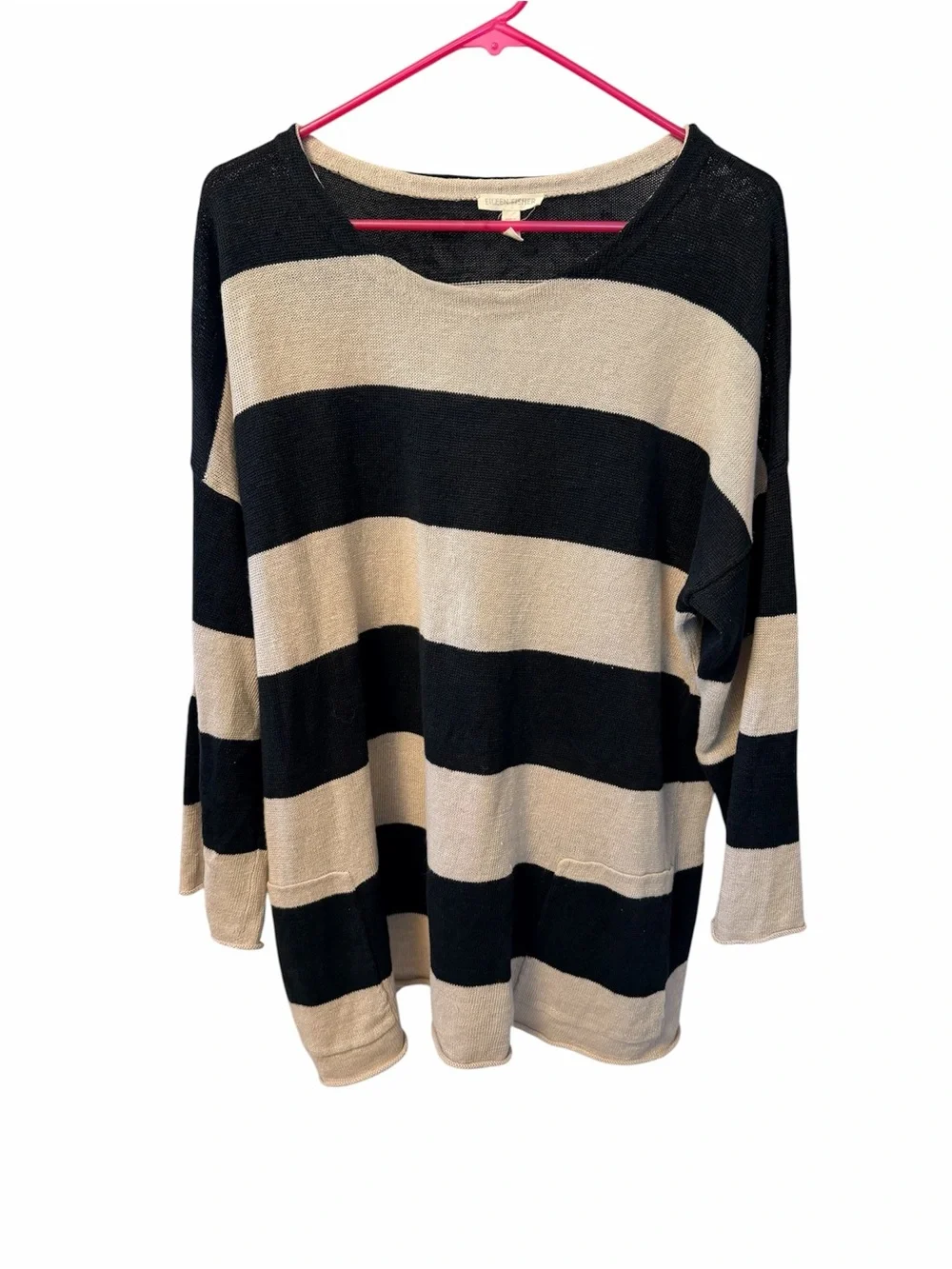 Eileen Fisher Organic Linen Striped Pullover‎ Sweater XL Crewneck 3/4 Sleeve - Picture 3 of 6